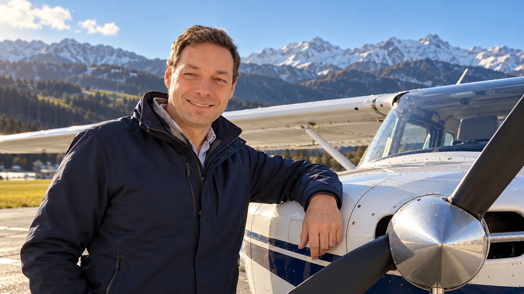 AI-generated illustration of David Gelkin alongside a light aircraft at an alpine airfield