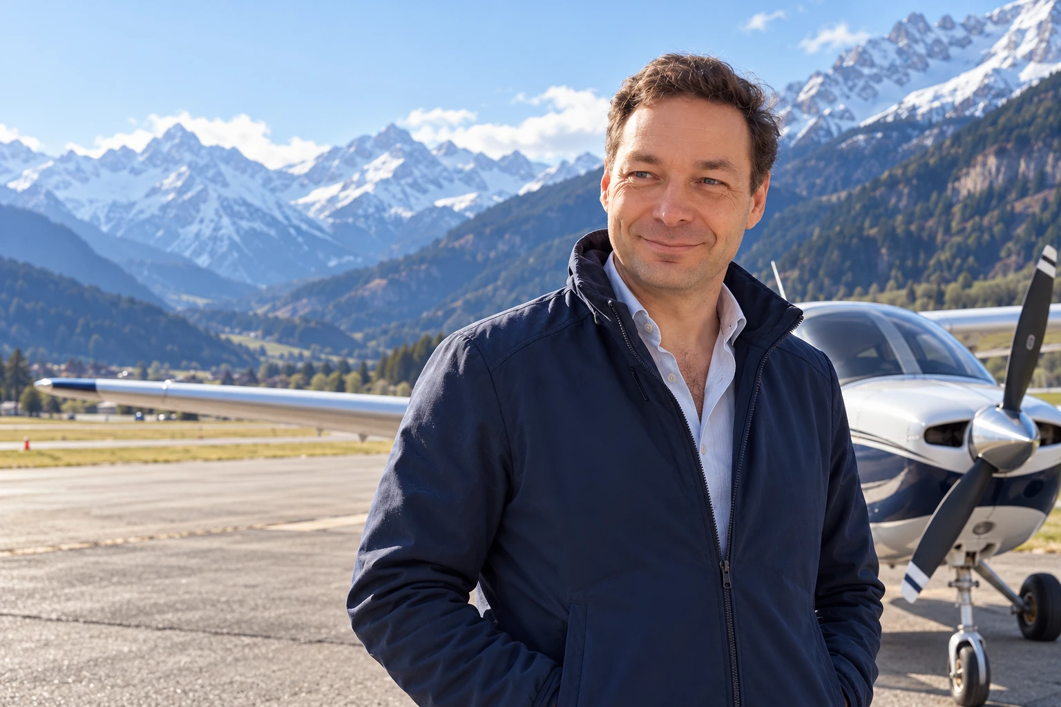 AI-generated illustration of David Gelkin with alpine mountains and a small aircraft in the background