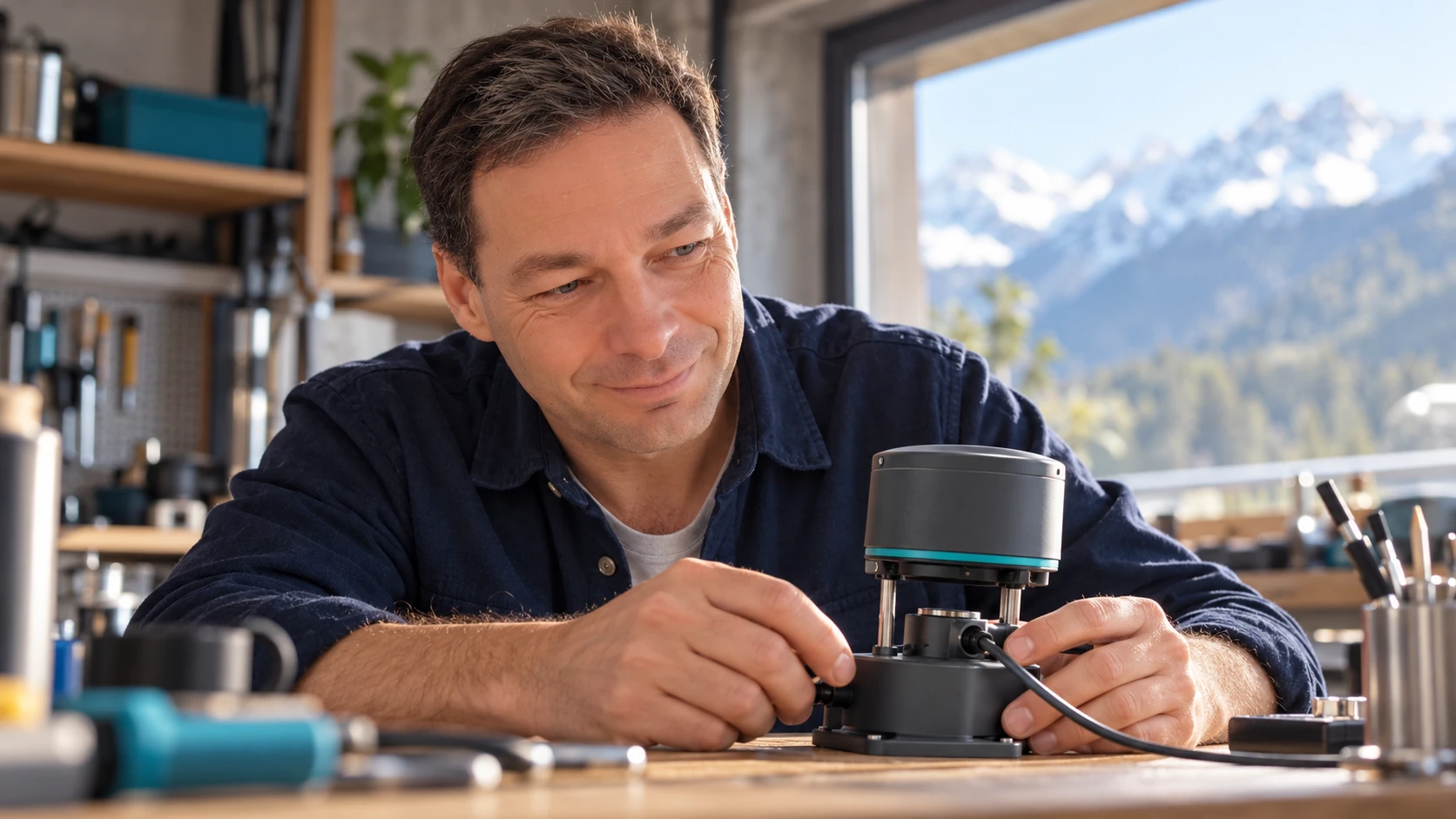 AI-generated illustration of David Gelkin exploring a conceptual sensor at a workbench